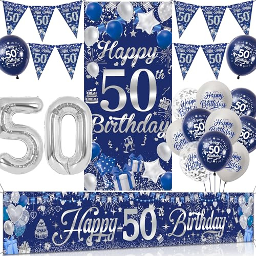 Tasoraor 50 Geburtstag Deko Mann Set - Blau Silber Geburtstagsdeko mit Große Happy 50 Birthday Banner, Konfetti Ballons Wimpel und XXL Zahlen Luftballon für Männer 50 Geburtstag Dekoration