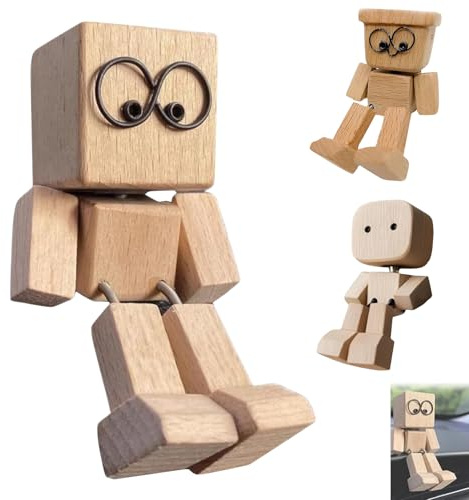 Yamaler Wackelnde Holzfigur – Handgefertigte Holzpuppe mit Wackelfüßen und 12 Magnetischen Gesichtern – Nachhaltige Auto-Dekoration fürs Armaturenbrett, Schreibtisch & Regal – Holzfigur Geschenk (O)