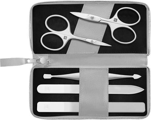 ZWILLING Manikyr- och pedikyrset 5 delar, kombinationsnagelsax, fodral av veganskt äppelläder, grå