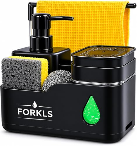 FORKLS 4-in-1 Kitchen Soap Dispenser Set, Dual Hand & Dish Soap Pump with Sponge Holder, Brush Organizer, Towel Bar & Drain Rack – Space-Saving Sink Counter Organizer, Black