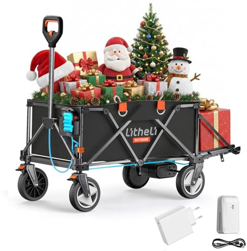 LiTHELi Carrello Elettrico Pieghevole, Carrello a Mano Pieghevole con Motore e Freni, 200L 60KG Adatto per Campeggio, Giardino, Spiaggia, Shopping (Nero, V140i e Caricabatterie)