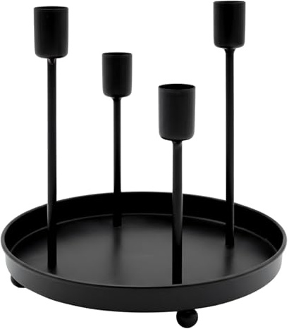 Metall Kerzenständer schwarz rund für 4 Stabkerzen - 20 cm - Kerzentablett mit 4 Tafelkerzen Haltern in unterschiedlichen Höhen - Kerzenleuchter Adventskranz mit Dekotablett Weihnachten Deko