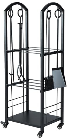 FANTASK Kaminholzregal 5-teiliges Set, Brennholzregal 3 Ebenen mit Rollen und 4 Kaminwerkzeugen, Feuerholzregal für Innen und Außen, Kaminholzständer für Kamin & Ofen, 40 x 30 x 108 cm