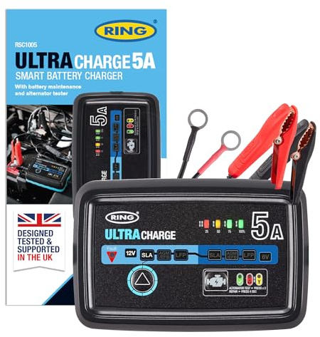 Ring Cargador de Coche Inteligente Ultracharge y Mantenimiento de la batería con Pruebas de máquinas Ligeras integradas, Compatible con baterías de Iones de Litio, Plomo-ácido, Gel, EFB y AGM