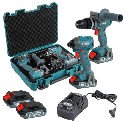 K&S Könner&Söhnen KS IDISD 20V SET 2 kabelloses, Professional Meister-Set Akku Schlagbohrmaschine und Akku-Drehschlagschrauber bürstenlosen Motoren, zum Bohren, Befestigen, mit 2×2Ah 20V Akkus, Ladeg