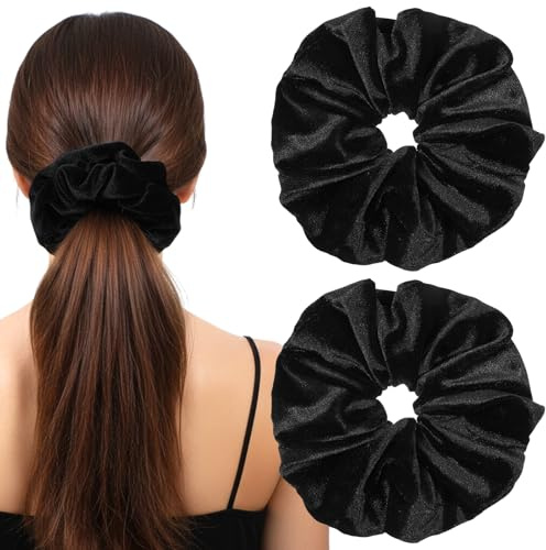 Qianyu 2 Stück Große Haargummis für Damen, Schwarze Weiche Scrunchies Samt Elastische Pferdeschwanzhalter Modische Haarschmuck Haarbänder für Dickes Dünnes Lockiges Feines Haar Karneval