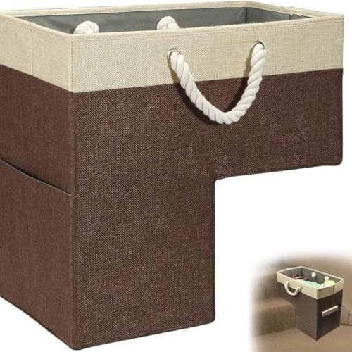 Stair Basket, Foldable Staircase Basket with Thick Cotton Rope Handles, L-Shape Stair Step Organiser Foldable Staircase Storage Cotton Linen Stair Tidy Bag for Carpeted and Wooden Stairs (Brown)