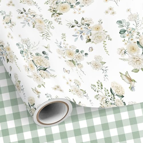 SHUCHING Geschenkpapier Weiße Blumen - 43 cm x 10 m | Grün Kariert Geschenkpapier Rolle für Mädchen Frauen Geburtstag, Hochzeit, Jahrestag, Brautparty