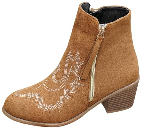 Cowboystövlar dam med broderi, tjock klack, dragkedja på sidan och runt tåparti, mångsidiga stövletter med hög klack, cowboystövlar