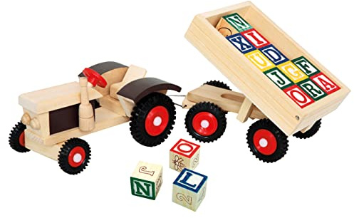 Bino & Mertens 82077 Traktor mit ABC-Anhänger, Spielzeug für Kinder ab 3 Jahre, Motorikspielzeug (Holzspielzeug mit 17 Teilen, Kinderspielzeug inkusive 15 Würfel mit Zahlen, Buchstaben & Motiven), Mehrfarbig