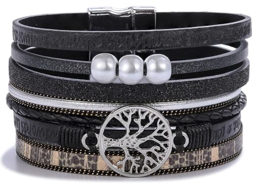 FANCY SHINY Tree of Life Leather Wrap Bracelet Inspirational Cuff Bangles Boho Pearl Bracelets with Clasp Unique Jewelry Gifts for Women(Black)