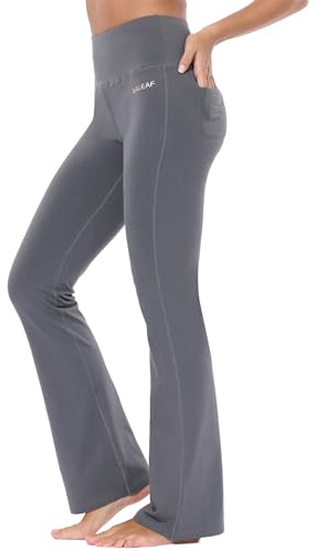 BALEAF Yogabyxor, dam, hög midja, slagbyxor, magkontroll, fritidsbyxor, bomull, sportbyxor, långa, yogabyxor, med fickor, normal/stora, Grå (innersula: 76 cm), XL