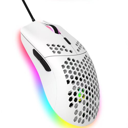 Hoopond Wired Gaming Mouse, 6 RGB Lighting 6400 DPI Programmable USB Gaming Mice with 6 buttons, Honeycomb Shell Ergonomic Design for PC Gamers and Xbox and PS4 Users -White