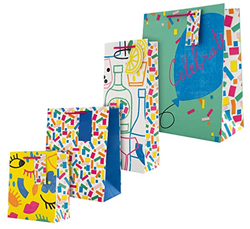 Hallmark Multi Occasion Gift and Bottle Bags Bundle - 1 Large, 1 Medium and 1 Small Gift Bag, and 1 Bottle Bag in 4 Bright Designs