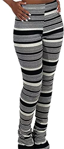 Atyfuniby Stacked Pants for Women - High Waisted Knitted Splice Striped Sweatpants Skinny Leggings Club Streetwear Black White M