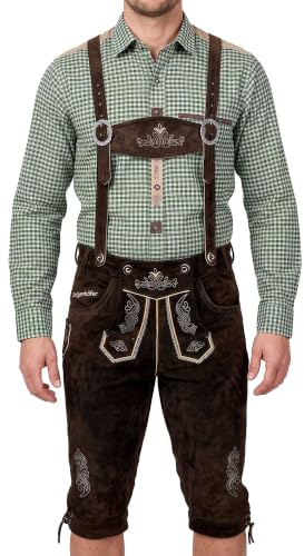 Bavarian Knee-Length Lederhosen for Men - Designed in Germany - Genuine Leather Pants with H-Style Suspenders, Color: Dark Brown, US Size: 42