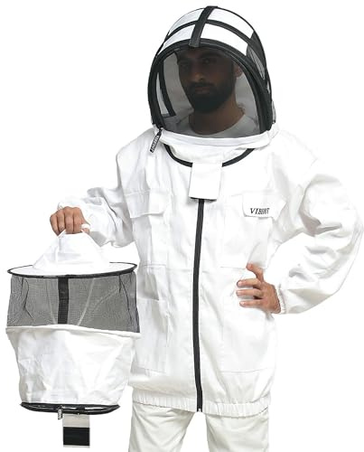 Giacca da apicoltore in cotone Giacca da apicoltore professionale Rotonda e scherma Cappuccio con cerniera a doppio velo Cappello Giacca protettiva per vespa a prova di puntura (Bianco, Medium)