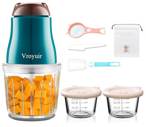 Vroyuir Baby Food Maker, 600ML Baby Food Blender with 10 Blades, Baby Food Processor for Baby Food, Fruit, Vegatable, Meat, with Two 200ml Glass Bowls, Storage Bag, Cleaning Brush, Scraper