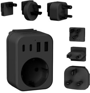 JSVER Adattatore da Viaggio con 4 Porte di Ricarica(2 USB C e 2 USB A), Presa da Viaggio Universale Tipo C/B/G/A/I/M per Europa/Italia/USA/Regno Unito/Hong Kong e oltre 180 Paesi (Nero)