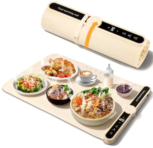 Bandeja Calefactora Plegable, Silicona Placa Calentadora Portátil, 40-120 °C Calentador de Alimentos con 9 Ajustes de Temperatura para Bufés, Familia, Fiestas, Eventos, Oficina 60 x 38 cm (Beige)