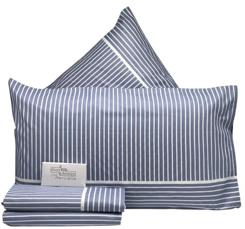 Riad Arredo Set Completo Letto in 100% Cotone Morbido Mano Percalle - Completo Letto Lenzuola Sotto con Elastico | Lenzuola da Sopra | federe (Capri Jeans, Piazza E Mezzo)