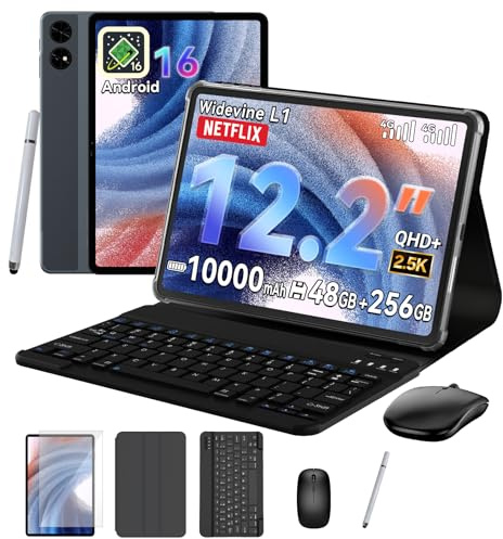 TABWEE T60 12 Zoll Tablet mit Tastatur - Android 16, 48 GB RAM+256 GB ROM, 10000 mAh, 16 MP+8 MP, 1600*2400 QHD+, Widevine L1, TÜV Rheinland, Gemini AI 3.1 Pro, GPS, Tablet 4G LTE (4 Jahre Garantie)