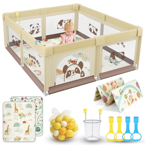 SOFTHOM Laufstall Baby 180x200, Laufgitter Baby inkl Matratze&60 Bälle | Baby Laufstall mit Atmungsaktivem Netz&Rutschfester Basis, Langlebig Oxford-Stoff, Indoor Spielplatz mit Ballkorb&4 Zugring