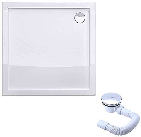 doporro Plato de ducha plano diseño Faro1W 80x80x4cm acrílico en blanco Cuadrado incl. válvula de desagüe AL01 adecuada para instalación a nivel del suelo y conexiones-DIN