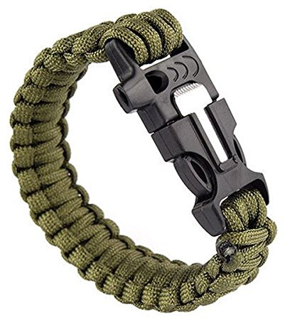 OUTLETISSIMO® Pulsera Paracord 3 en 1 militar fuego silbato supervivencia Survival verde ET103, 22.5 cm, Acrilonitrilo butadieno estireno Nailon Piedra