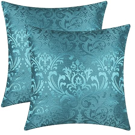 CaliTime Kissenbezüge für Couch, Sofa, Heimdekoration, Vintage-Damast-Blumenmuster, glänzend und stumpfer Kontrast, 45 x 45 cm, Blaugrün, 2 Stück