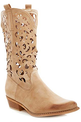 Toocool texanische Damen-Stiefel, Camperos, Western-Style, perforiert G629, beige, 38 EU