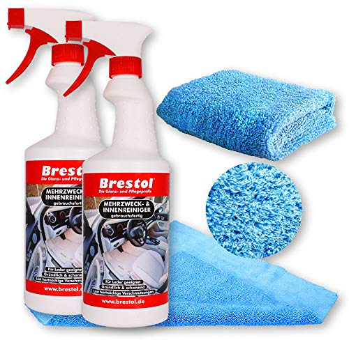 Brestol Nettoyant multi-usage et intérieur prêt à l'emploi 2 x 750 ml + 2 x chiffons de polissage en microfibre – Nettoyant multi-usage pour habitacle de véhicule