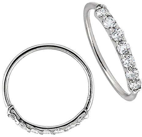 Jewelry Avalanche 22G Solid 14Kt Gold Nose Ring with 7 Prong Set Diamond Simulated CZ Stones Accent - 8mm inside Diameter Nose Ring - Helix Earring - Cartilage Earring 14K White Gold