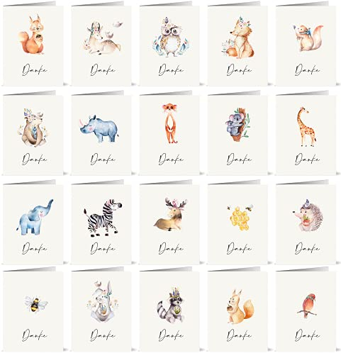 the lazy panda card company 20 Dankeskarten mit 20 verschiedenen Aquarell-Tierzeichnungen auf der Vorderseite