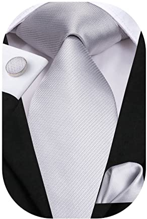 Hi-Tie Vävd silke solid slips näsduk manschettknappar set för män, silver fast, M