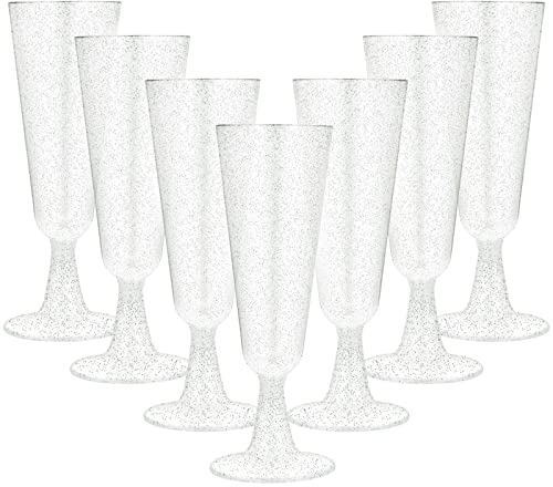 JMIATRY 100 Pcs Plastic Champagne Flutes, 160ml/5.6oz Multi-Use Champagne Flutes Reusable, Plastic Flutes Great for Wedding, Christmas, Birthday Party and Daily Use, Silver Glitter