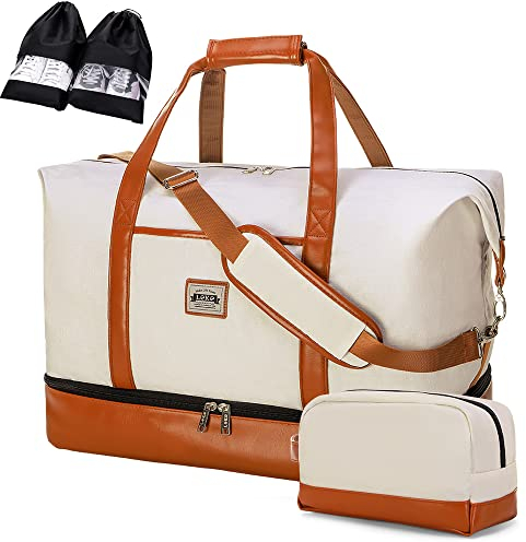 Lekespring Reisetasche Damen, Reisetasche Handgepäck Sporttasche Weekender Tasche Für Flugzeug, Kliniktasche Geburt, Duffle Bag mit Kulturbeutel und 2 Schuhsäcken, 50L, Beige