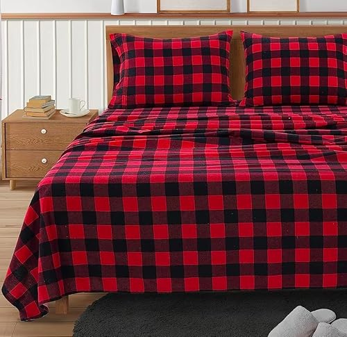 Lane Linen 100% Cotton Queen Flannel Sheets Set - Brushed for Extra Softness - Lightweight & Durable Cotton Flannel Queen Sheets Set - Warm & Cozy Fall Bed Sheets, 15 Deep Pocket - Buffalo Checks Red