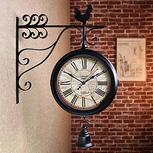 Doppelseitige Wanduhr Alte Bahnhofsuhr, Schmiedeeisen Design Retro mit Halterung Bahnhofsuhr Doppelseitig Geeignet Innen und Außen Haus Garten Küche Vintage Uhr D