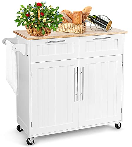 KOMFOTTEU Küchenwagen mit Arbeitsplatte, Kücheninsel mit Rollen, Servierwagen mit 2 Schubladen und Türen, Rollwagen große aus Holz, Küchentrolley 94 x 45,5 x 94,5 cm (Weiß)