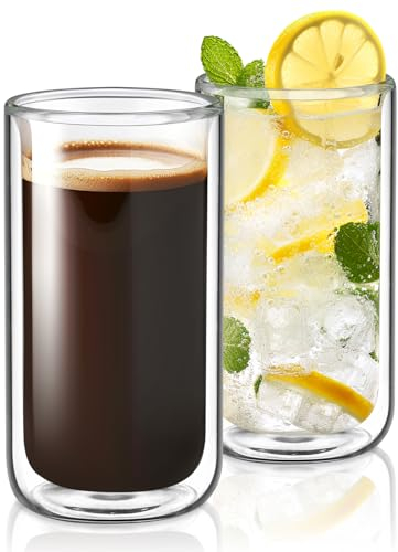 Joeyan Thickened Double Walled Thermo Insulated Glasses Without Hole, Heat Cold Resistant, Insulating Borosilicate Cups for Coffee (Cappuccino, Latte) Tea Juice Milk, 360ml, 2 Pack, Dishwasher Safe