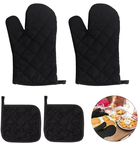 4 Pièces Résistant à la Chaleur Gants de Four Kit avec Utilisation à Domicile Maniques, Antidérapants Gants à Four pour la Cuisine, la Cuisine et la Pâtisserie(Noir)
