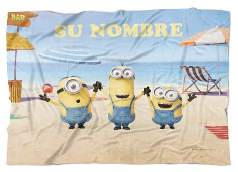 PICANOVA Manta de los Minions con Nombre 100x70cm - Manta de Peluche Personalizada para Niños - Mantas y Mantas de Forro Polar Suave - Regalo para Fans de Mi Villano Favorito - Minions Beach Day