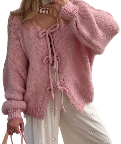 Printemps et Automne Mignon Femmes Nœud Papillon Pull Surdimensionné Pull Col V Noué Devant Cardigan Tricoté Manches Longues, rose, XX-Large