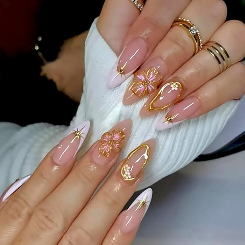 ASOMI 24-teiliges Set mit French-Tip-Aufstecknägeln mit geprägtem Blumendesign, mandelförmige mittelgroße künstliche Nägel, weiße French-Kunstnägel Mit Kleber