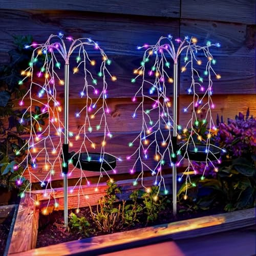 Gresoinc 120LED 2 Pack Solar Lights Outdoor Garden Ground Willow Tree, Colorful Firework Light 8 Modes Copper Wire Fairy Starburst Waterproof Decor for Walkway, Yard, Pathway, Lawn, Patio, Backyard