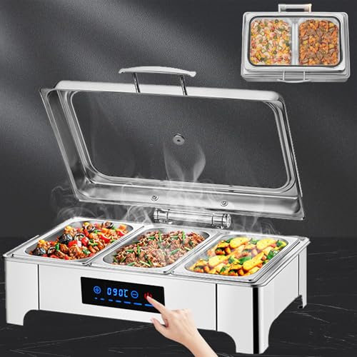 Aocay Chafing Dish Electrique, 9L Chafing Dish Buffet Electrique en Acier Inoxydable, Chauffe Plat Electrique Buffet à Température Réglable pour Buffets, Fêtes et Banquets(B,1/3 Pan)