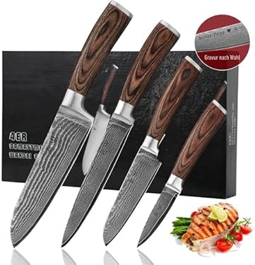 Wakoli EDIB 4er Damastmesser Set mit Gravur – Personalisiertes Küchenmesser Set, Santoku, Fleischmesser, kleines Santoku & Officemesser, 67 Lagen Damaststahl, Pakkaholzgriff, Geschenkbox