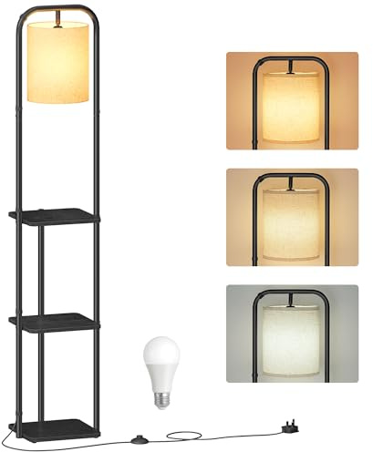 VASAGLE Floor Lamp with 3 Shelves, Standing Lamp with LED Bulb, Foot Switch, Fabric Lampshade, for Living Room and Bedroom, Ink Black LFL001BD03
