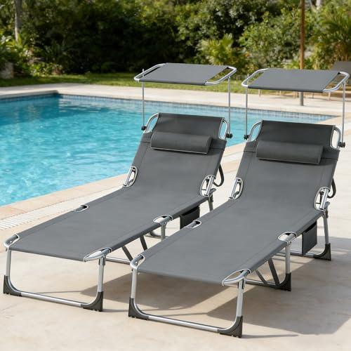 Soontrans 2PCS Große Sonnenliege mit Dach, 194 x 67.5 x 29cm, Gartenliege Klappbar, Liegestuhl Garten mit Verstellbarer Rückenlehne, Seitentasche, Kopfkissen, bis zu 150 kg, für Garten (Anthrazit)